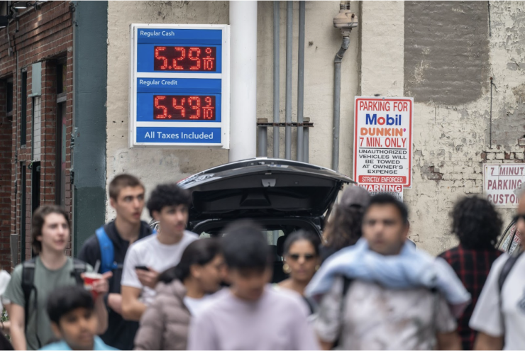 A sign displays the prices of unleaded gasoline at a Mobil gas station in New York, US, on Tuesday, March 31, 2026.
