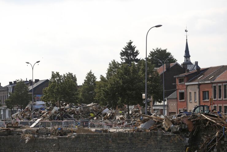 A collapsed road and rubble caused by flooding in Chenee, Belgium, on Monday, July 19, 2021. "The EU is ready to help," European Commission President Ursula von der Leyen said on Twitter and that “Affected countries can call on the EU Civil Protection Mechanism." Photographer: Valeria Mongelli/Bloomberg