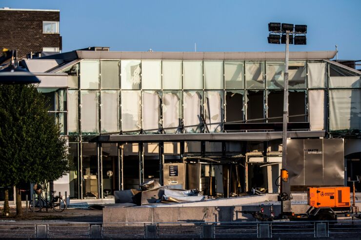 General view of damage to the entrance at the front of the Danish Tax Authority at Oesterbro in Copenhagen, Denmark, on August 7, 2019, after a powerful explosion near Nordhavn Station, late on August 6.
