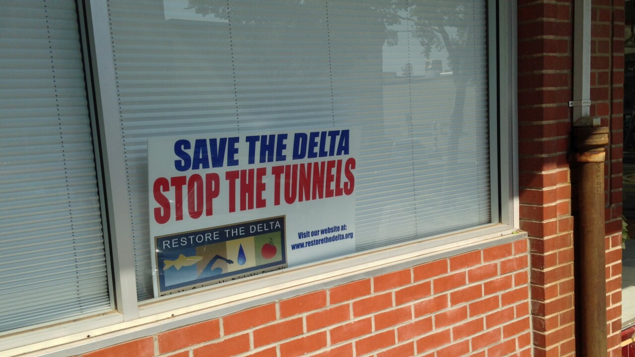 An anti-Delta California WaterFix tunnels sign in the Delta community of Rio Vista in August 2016.