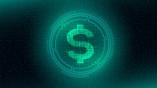 Digital currency USA dollar sign on abstract HUD technology background. Futuristic hi-tech digital money.Electronic economy of the future. Vector