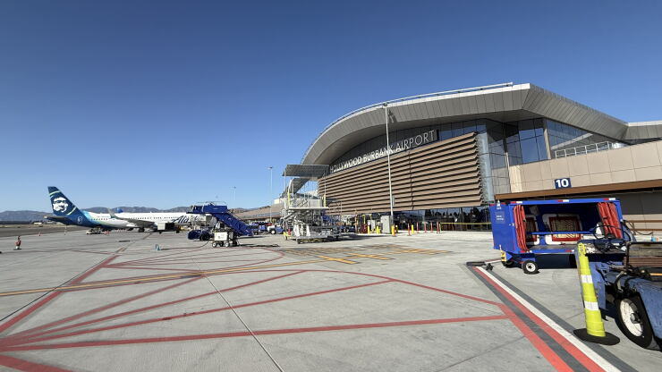 Alaska Airlines plane on ramp of new Burbank airport terminal