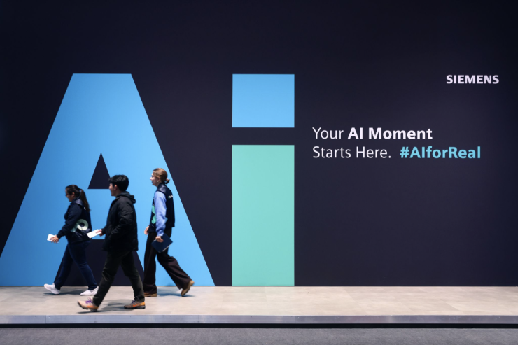 A picture of an artificial intelligence logo at the Siemens booth at the Hannover Messe 2026 trade fair in Hannover, Germany.