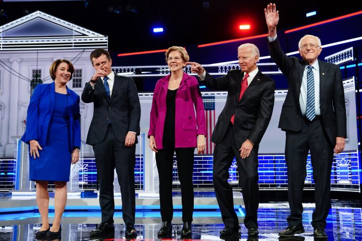 Democrats at debate on Nov. 20, 2019. Elizabeth Warren, Joe Biden, Bernie Sanders, Amy Klobochur, Pete Buttigieg