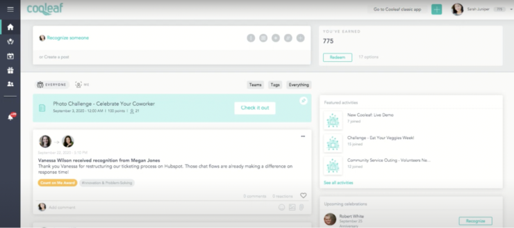 Screenshot of Cooleaf, one of the top plaform's for employee recognition