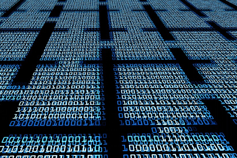 Abstract illustration of a blockchain, showing blocks of binary code (1s and 0s) linked together.