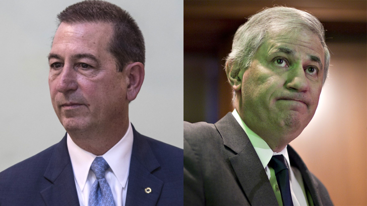 After FDIC member Martin Gruenberg, right, blasted the Volcker Rule proposal, Comptroller of the Currency Joseph Otting accused him of crying "wolf whenever we modify these rules to ensure that capital reaches American consumers and businesses."