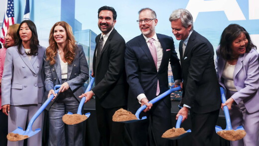 A group of people holding shovels of dirt, with New York Mayor Zohran Mamdani and Comptroller Mark Levine at center