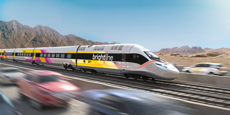 A rendering of the Brightline West highspeed train planned between Las Vegas and southern California.