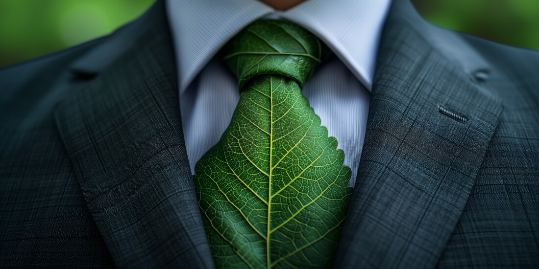 Businessman in a suit wears a tie made of green leaves, symbolizing environmental consciousness. promotes sustainability Ideal for eco-conscious and sustainable business themes