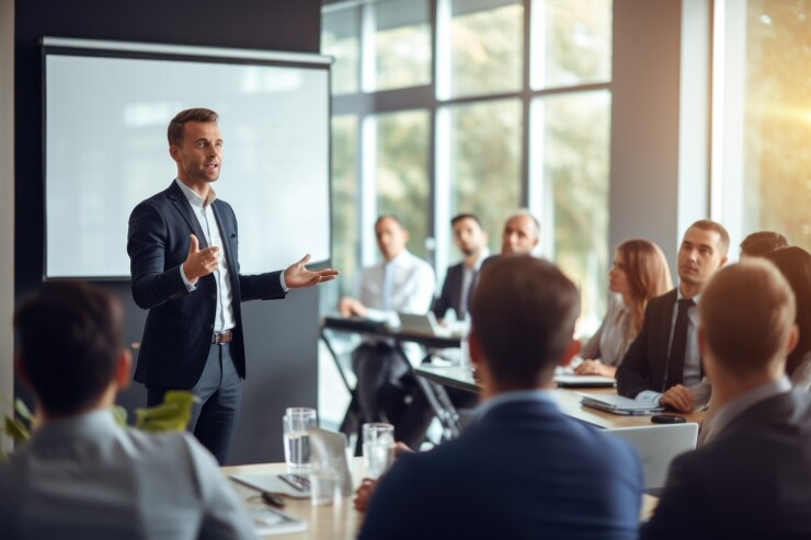 Man speaking in front of a group of people around a table.