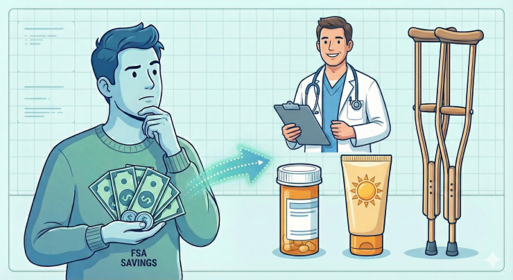 Man looking at health items holding money, deciding how to spend FSA savings
