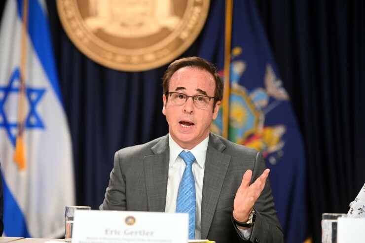 Eric Gertler talks to reporters in New York City on June 26, 2019, in an appearance with New York Gov. Andrew M. Cuomo before joining the governor's junket to Israel.
