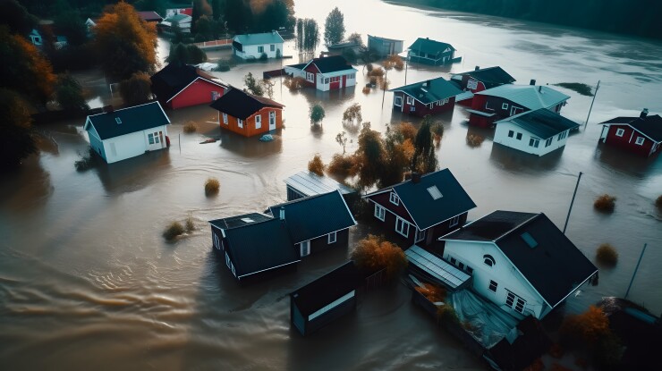 An aerial view of several houses with flood water surrounding them.