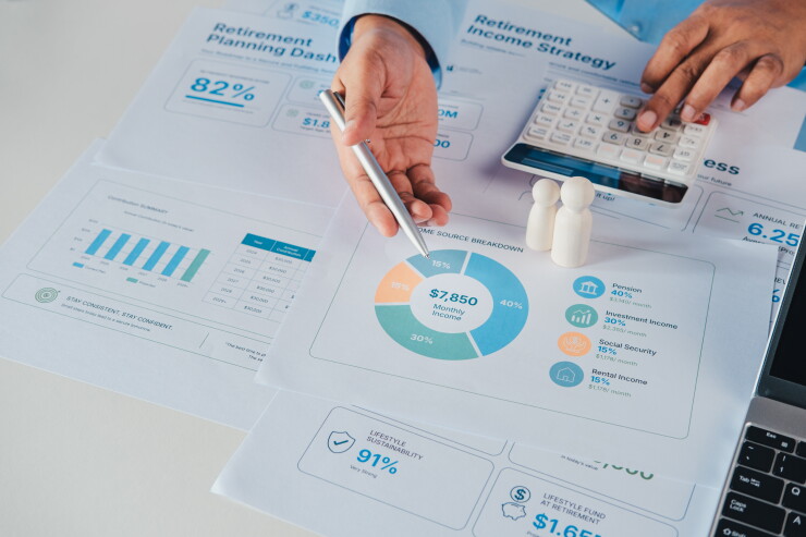 Financial advisor reviewing retirement readiness assessment dashboard with retirement planning, savings progress, income strategy, healthcare preparation and lifestyle sustainability analysis.