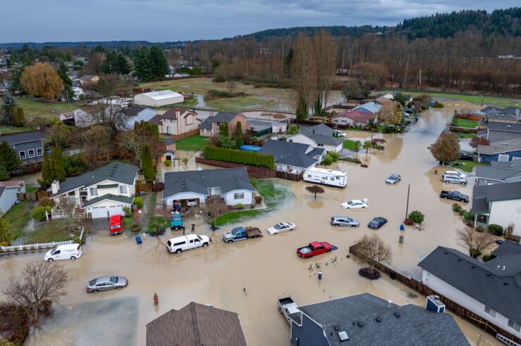 Flooded neighborhoods in the Pacific Northwest in December 2025