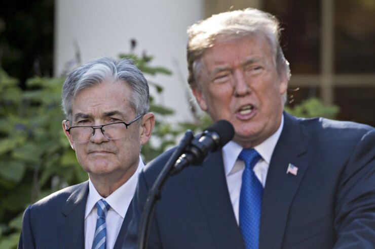 President Trump speaks as Jerome Powell, then governor of the Federal Reserve and Trump's nominee as chairman of the Federal Reserve, left, listens during a nomination announcement in the Rose Garden of the White House in Washington on Nov. 2, 2017.