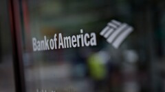 Bank of America signage on the door of a branch location in Chicago.