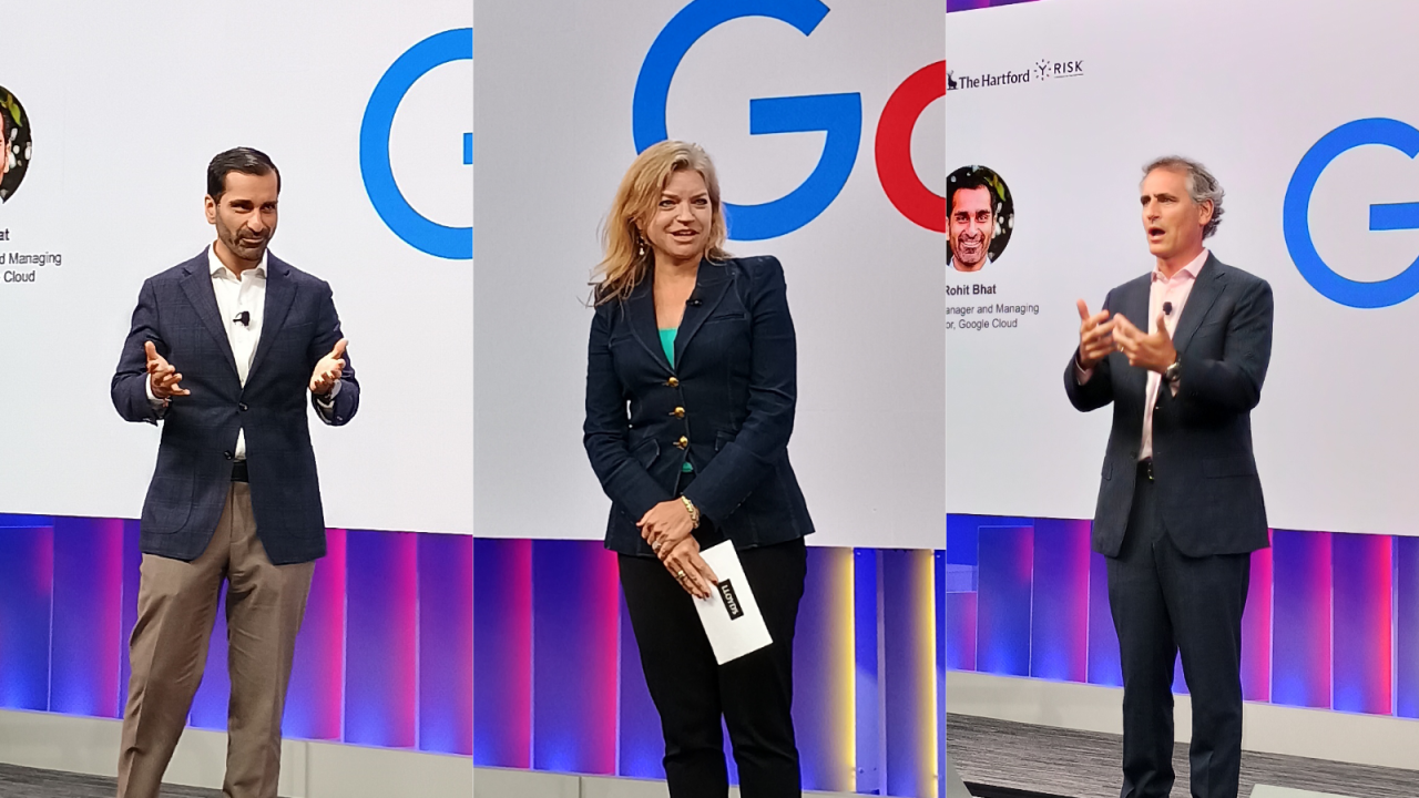 Rohit Bhat of Google, Dawn Miller of Lloyd's and Mo Tooker of The Hartford speaking on stage