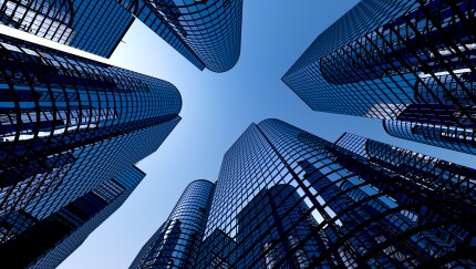 Reflective skyscrapers, business office buildings.