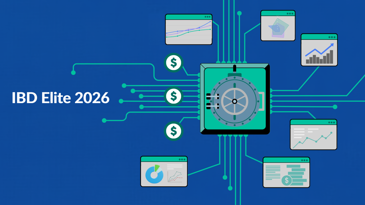 An illustrated image with a blue background and the title for Financial Planning's IBD Elite 2026 study shows money signs and computer or app screens that display wealth management clearing and custody strategies.