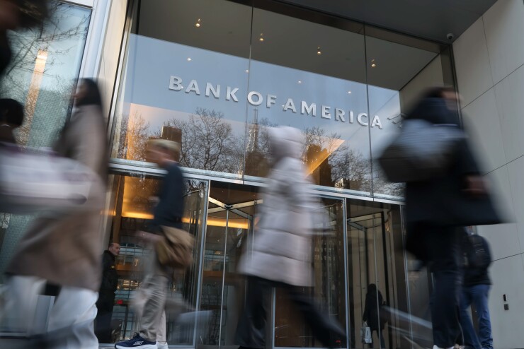 A picture of people walking by Bank of America's headquarters in New York City.
