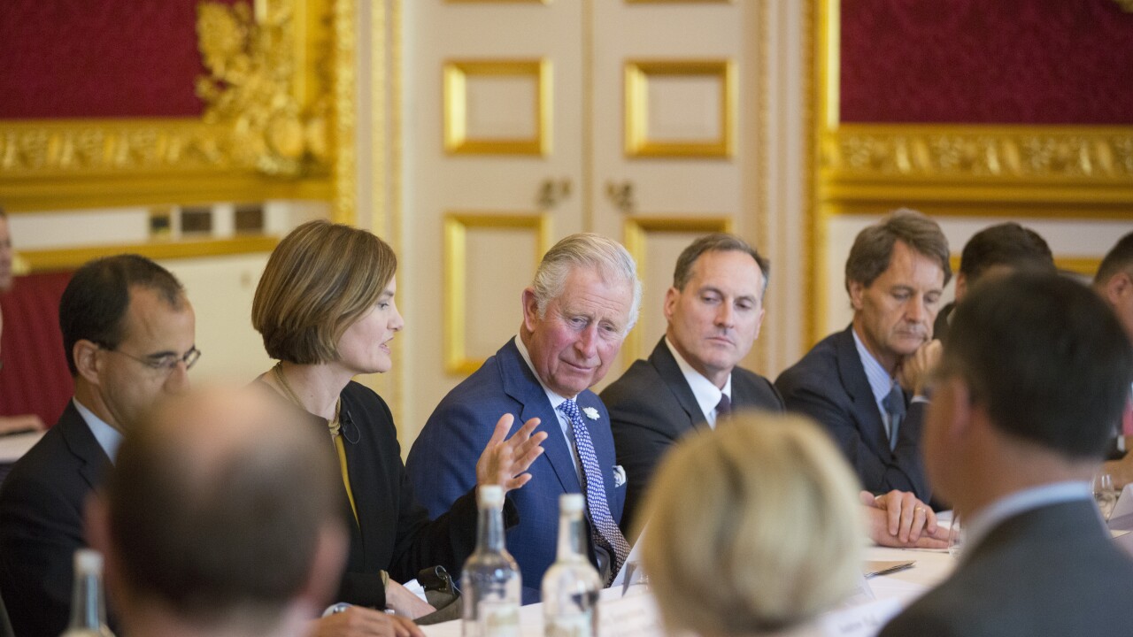 HRH The Prince of Wales hosts a meeting of his A4S, Accountability for Sustainability forum, part of the Prince of Wales's Charities, at St. James's Palace. A4S executive chairman Jessica Fries is sitting to his right.