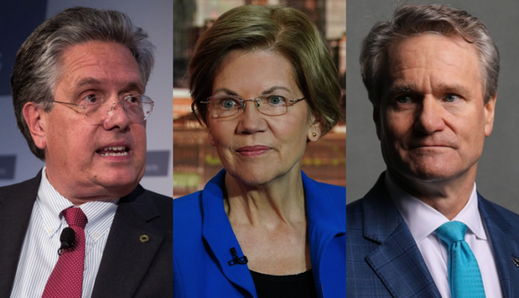 Former Comptroller of the Currency Thomas Curry, left, and Sen. Elizabeth Warren, center, said that if banks move to cut hours or salaries of employees then CEOs should reduce their own pay as well. Brian Moynihan has said that Bank of America, where he is CEO, will not lay off any workers in 2020.