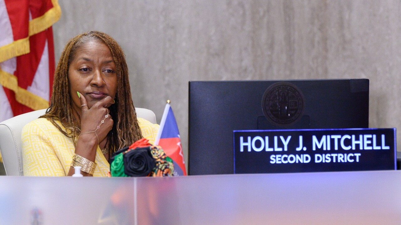 Los Angeles County Supervisor Holly Mitchell at a board meeting in 2025.