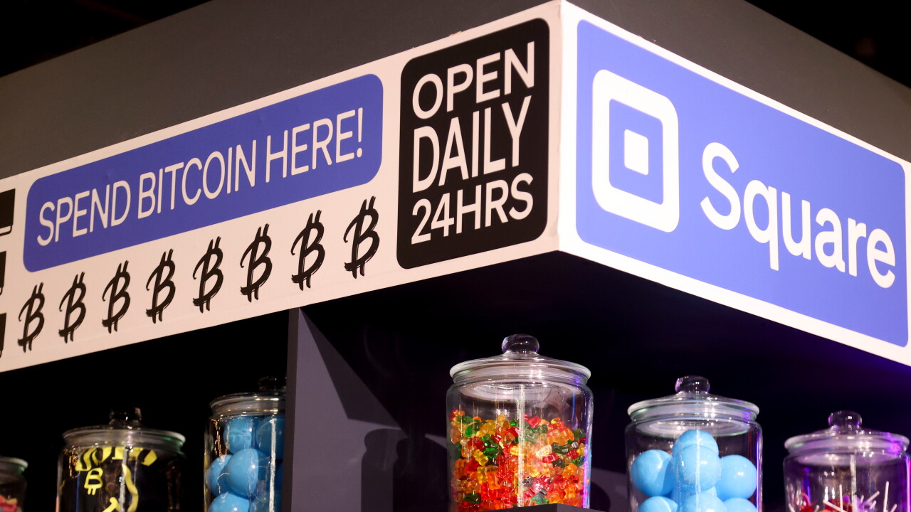 A picture of bitcoin signage at a crypto conference.