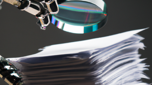 dall-e-2023-01-11-11.41.08 - A robotic hand holds a magnifying glass over a stack of papers.png