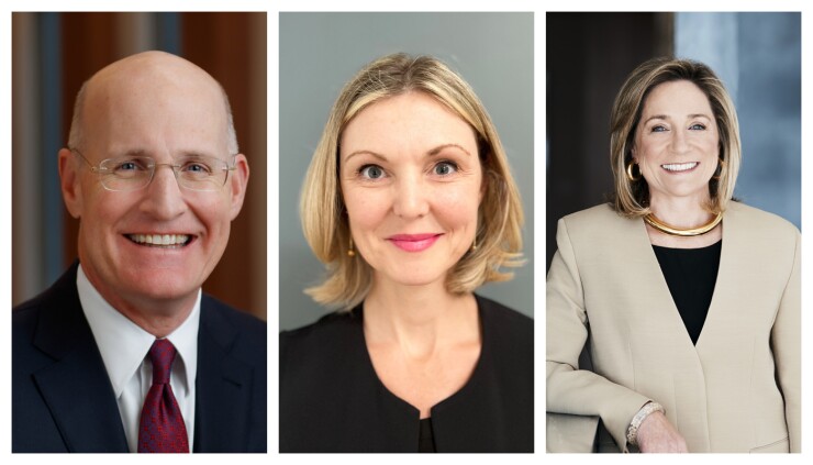 Left to right: Andy Sieg, president of Merrill Wealth Management. Casey Franz, head of Merrill platforms and capabilities. Katy Knox, president of Bank of America’s private bank.