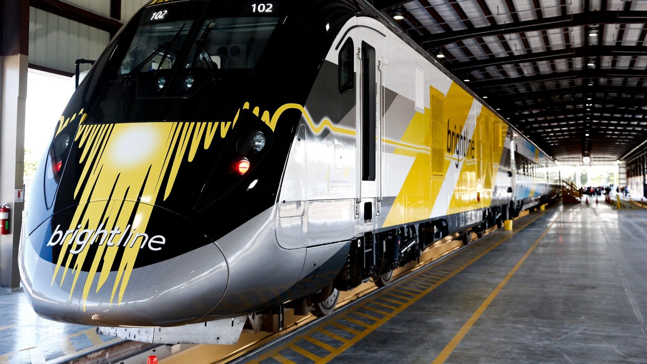 A Brightline inter-city train is displayed during a media tour in West Palm Beach, Florida, on Wednesday, Jan. 11, 2017.
