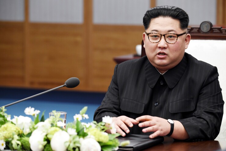 Kim Jong Un, North Korea's leader, attends the inter-Korean summit at the Peace House in the village of Panmunjom in the Demilitarized Zone (DMZ) in Paju, South Korea.