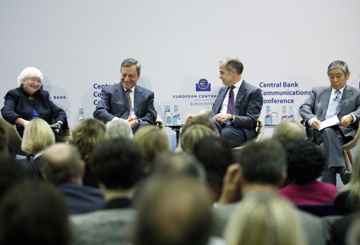Janet Yellen, chair of the Federal Reserve, Mario Draghi, president of the European Central Bank, Mark Carney, governor of the Bank of England, and Haruhiko Kuroda, governor of the Bank of Japan