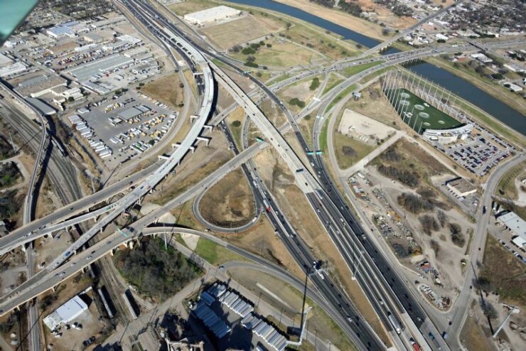North Tarrant Express managed lane project, Interstate 35W at State Highway 121 in Forth Worth, looking northeast, in December 2018.
