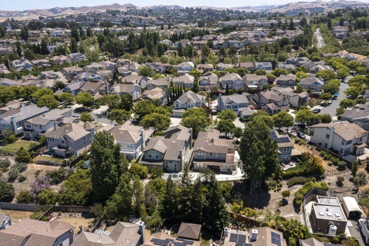 Birds eye view of neighborhood of houses in Hercules, California