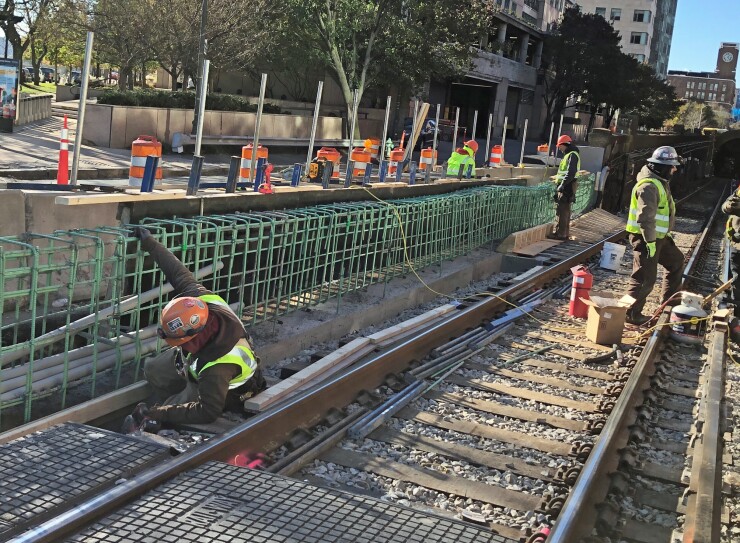 Construction on the MBTA Red Line on the Longfellow Bridge in Boston in November 2017.