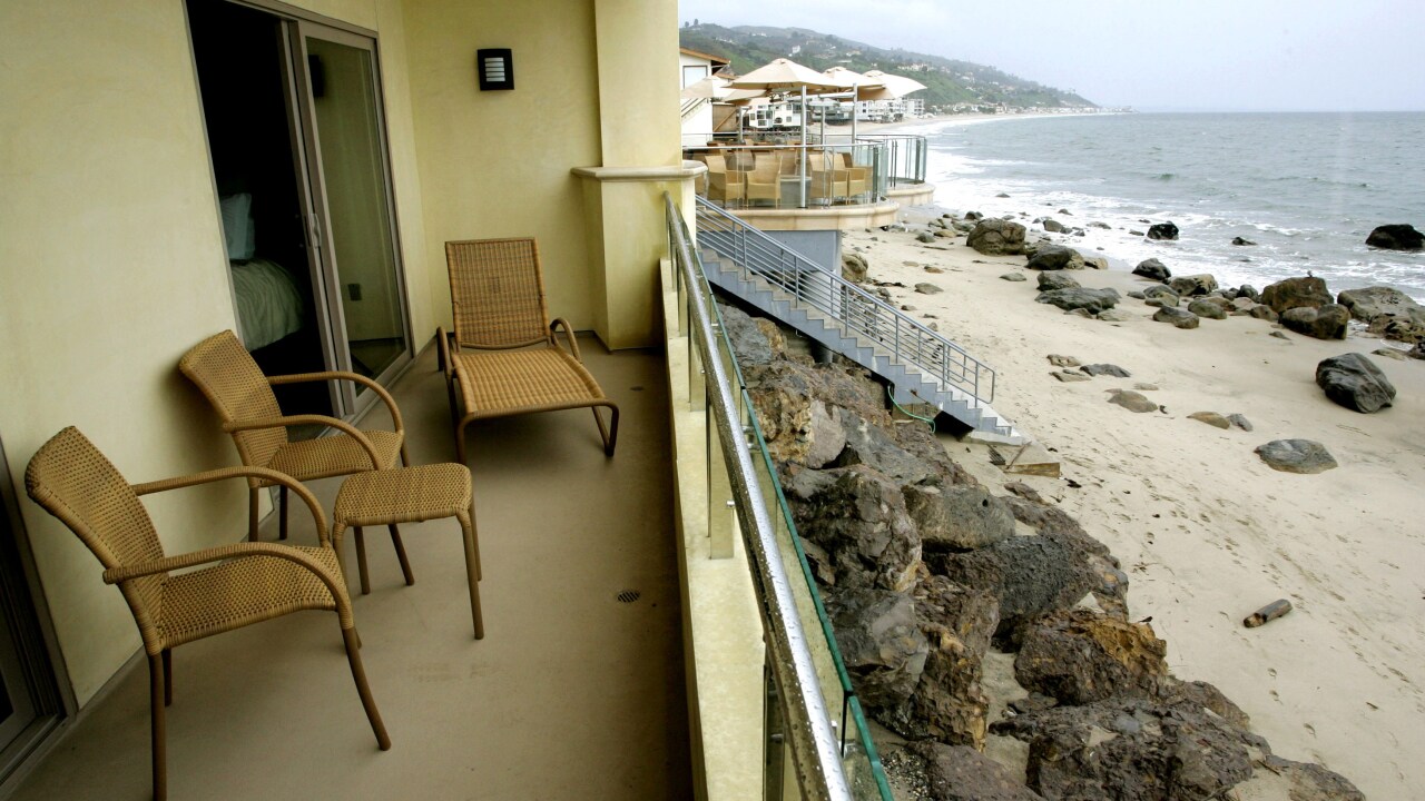 The Pacific Ocean can be seen from this balcony outside a room at the Malibu Beach Inn in Malibu, California.