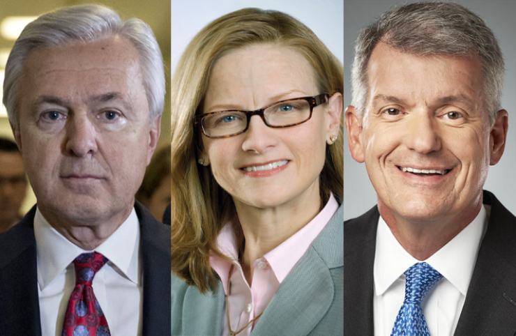 Former Wells Fargo CEO John Stumpf, left, said in testimony that problems in the community banking unit led by Carrie Tolstedt, center, were "systemic." Tim Sloan, right, replaced Stumpf as CEO in 2016 and resigned in early 2019. 