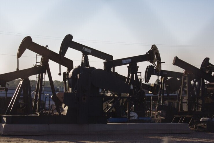Oil pump jacks in Guymon, Oklahoma.