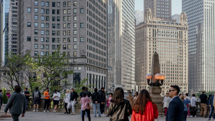 Tourists on a street in downtown Chicago