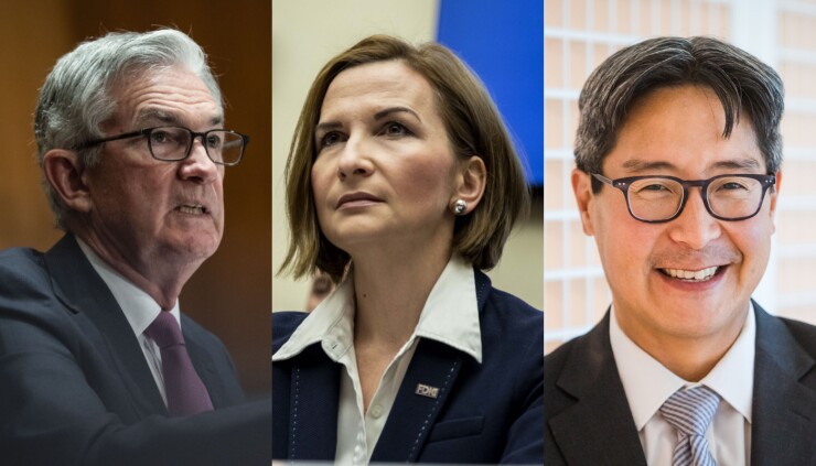 Fed Chair Jerome Powell, left, FDIC Chair Jelena McWilliams and acting Comptroller of the Currency Michael Hsu have committed to a joint effort to develop interagency Community Reinvestment Act reforms.