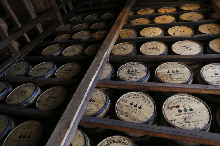 Barrels of bourbon whiskey sit in an aging warehouse at the Brown-Forman Corp. Woodford Reserve distillery in Versailles, Kentucky