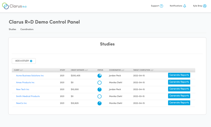 Clarus R+D practitioner dashboard