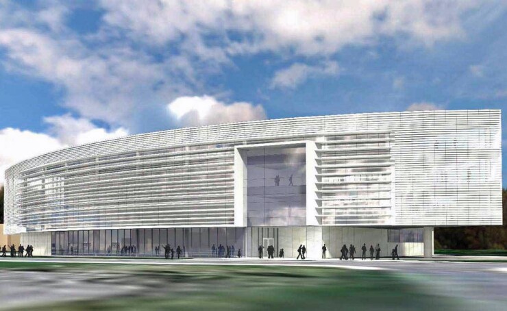 A rendering of the planned Ford Motor Company Robotics Building at the University of Michigan, which was under construction in early 2019.