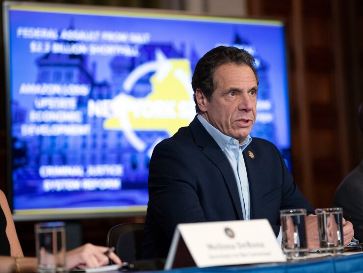 Governor Andrew M. Cuomo announces an agreement on New York's Fiscal Year 2020 state budget during a news conference in the Red Room at the State Capitol on March 31, 2019.