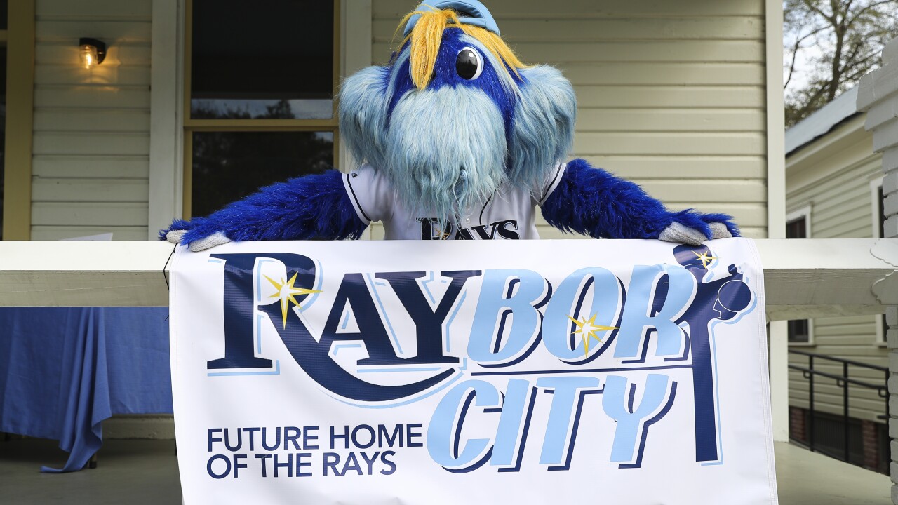 The Tampa Bay Rays baseball mascot, Raymond, displays a banner.