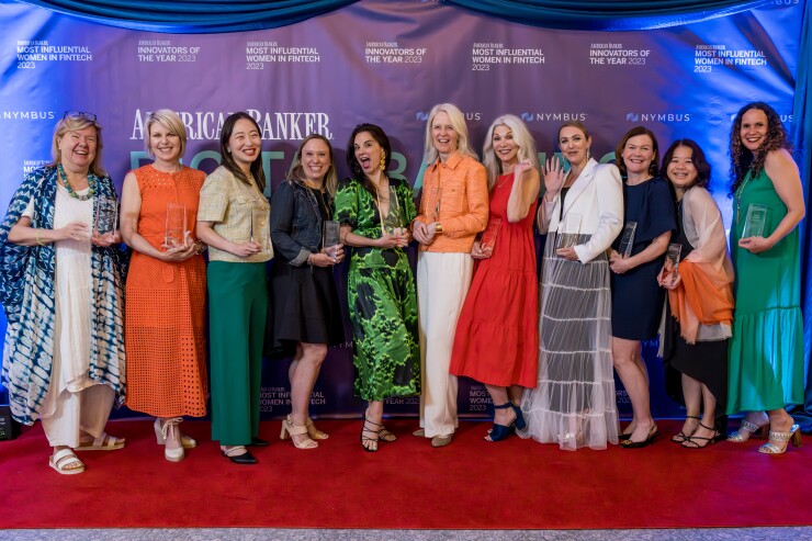 Some of the Most Influential Women in Banking attended an award dinner at the Digital Banking Conference. From left to right: Judie Rinearson, Penny Lee, Kristy Kim, Elizabeth Pagel, Katie Palencsar, Maria Gotsch, Michele Alt, Dara Chevlin Tarkowski, Sarah Biller, Theo Lau and Tanya Van Court.