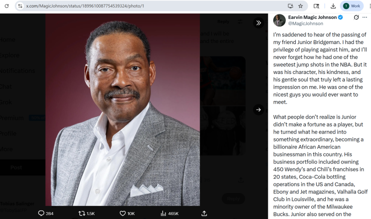 Earvin "Magic" Johnson posted a tribute to Bridgeman last March.